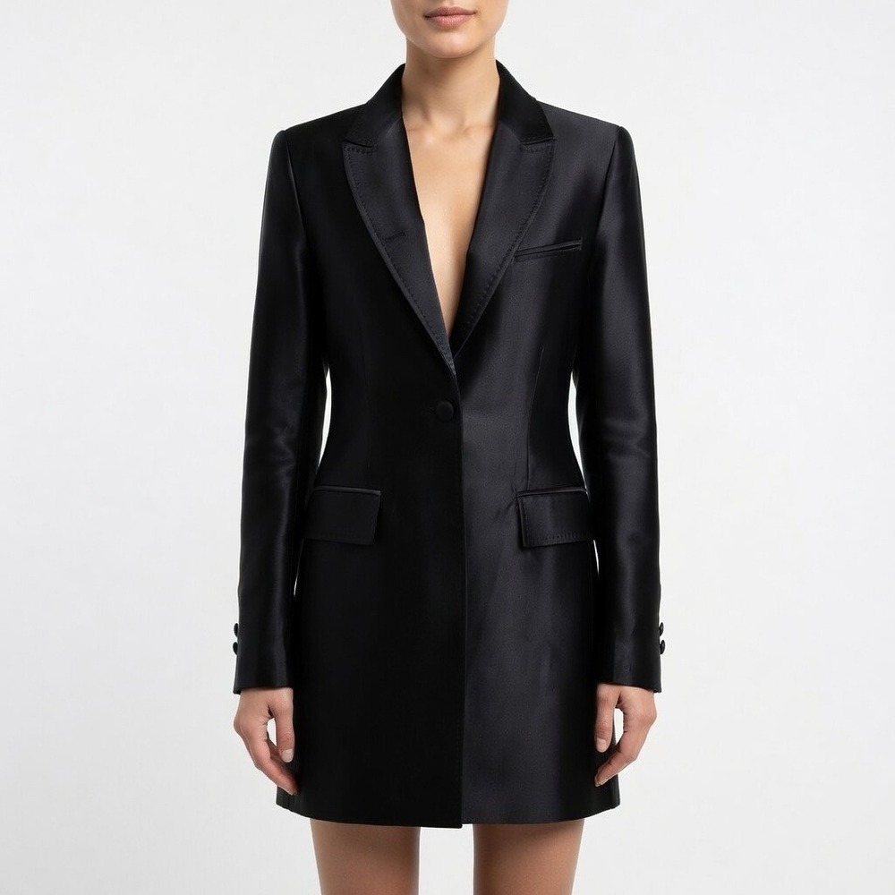 Ann Demeulemeester Wool Blend Longline Blazer Coat‎ Black Peak Lapel Womens 40